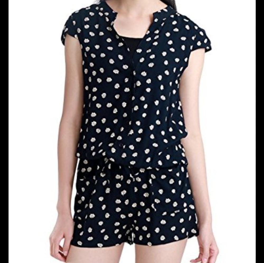 Black and White Sz Small Cat Print Button Up Romper